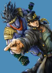 Rule 34 | 1boy, absurdres, black hair, black hat, black jacket, blue background, blue eyes, buttons, clenched hands, closed mouth, collarbone, collared jacket, commentary request, fingernails, gakuran, gold, green shirt, hat, hatching (texture), high collar, highres, jacket, jojo no kimyou na bouken, kaib0y, kuujou joutarou, linear hatching, long sleeves, male focus, open clothes, open jacket, outstretched arm, peaked cap, pointing, school uniform, serious, shirt, short hair, simple background, solo, stand (jojo), star platinum, t-shirt, unbuttoned