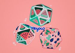 Rule 34 | artist name, bad id, bad twitter id, dice, food, fruit, icosahedron, meyoco, no humans, original, pink background, simple background, sparkle, watermelon