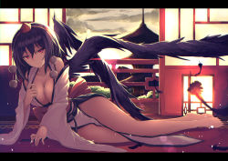 Rule 34 | 1girl, absurdres, architecture, barefoot, black hair, black wings, breasts, chromatic aberration, cleavage, detached sleeves, east asian architecture, feathers, full body, hat, highres, iwashi (nisankatanso), kourindou tengu costume, large breasts, letterboxed, looking at viewer, pelvic curtain, pom pom (clothes), red eyes, shameimaru aya, smile, solo, sunset, tokin hat, touhou, wide sleeves, wings