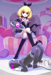 Rule 34 | 10s, 1boy, 1girl, black bodysuit, blonde hair, bodysuit, boots, chair, choiark, choker, crossed legs, femdom, full body, gloves, happinesscharge precure!, heart, heart-shaped eyes, knee boots, lipstick, makeup, precure, queen mirage, red eyes, short hair, sitting, skirt, smile, ultramarimo, wand