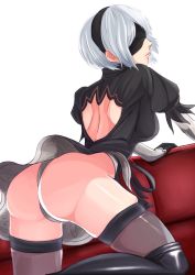 Rule 34 | 1girl, android, artist request, ass, back, back cutout, black dress, black gloves, black hairband, blindfold, breasts, clothing cutout, dress, from behind, gloves, hairband, highres, leotard, nier (series), nier:automata, parted lips, shiny clothes, shiny skin, short hair, sideboob, solo, thighhighs, thong, thong leotard, white gloves, white hair, 2b (nier:automata)