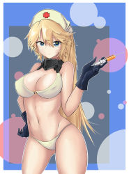 Rule 34 | 10s, 1girl, alternate costume, alternate hairstyle, bikini, black gloves, blonde hair, blue eyes, breasts, circle, dmt (auburn), covered erect nipples, gloves, gluteal fold, hand on own hip, hat, highres, iowa (kancolle), kantai collection, large breasts, looking at viewer, navel, nurse, nurse cap, o-ring, o-ring top, ponytail, serious, short sleeves, solo, star-shaped pupils, star (symbol), swimsuit, symbol-shaped pupils, syringe, thighs, white bikini