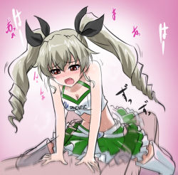 Rule 34 | 10s, 1boy, 1girl, anchovy (girls und panzer), blush, clothed female nude male, clothed sex, cowgirl position, girl on top, girls und panzer, green hair, hair ornament, hetero, nude, red eyes, ribbon, ribimura, sex, skirt, straddling, text focus, twintails