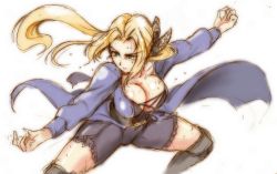 Rule 34 | 1girl, bike shorts, black thighhighs, blonde hair, blue eyes, breasts, cleavage, dead or alive, female focus, fighting stance, green eyes, hair ornament, helena douglas, kung fu, large breasts, long hair, over-kneehighs, ponytail, solo, suga leon, sweat, tecmo, thighhighs