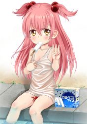 Rule 34 | 1girl, bare shoulders, borrowed character, box, commentary request, crab, easy (aqk7bdqt), food, food in mouth, hair between eyes, hair bobbles, hair ornament, highres, long hair, looking at viewer, middle w, mikane sebiri, original, partially submerged, pink hair, popsicle, shirt, sitting, solo, sweat, two side up, white shirt