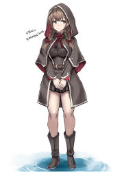 Rule 34 | 1girl, belt, black capelet, black dress, black footwear, boots, braid, breasts, brown belt, brown hair, capelet, dress, facing viewer, full body, hood, hood up, hooded capelet, kantai collection, large breasts, long hair, minarai, pleated dress, puddle, reflection, shinshuu maru (kancolle), sideways glance, simple background, solo, twin braids, twitter username, v arms, white background