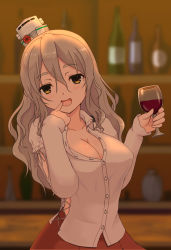 Rule 34 | 1girl, alcohol, bar (place), bottle, breasts, brown eyes, cleavage, cup, drinking glass, drunk, finger to mouth, grey hair, hair between eyes, hat, highres, holding, holding cup, holding drinking glass, indoors, kantai collection, kodama (user rnfr3534), large breasts, long sleeves, looking at viewer, mini hat, pola (kancolle), red skirt, shirt, skirt, smile, solo, upper body, wavy hair, white shirt, wine, wine bottle, wine glass