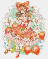 Rule 34 | 1girl, adapted costume, animal, bare shoulders, blue flower, bow, brown eyes, brown hair, bug, butterfly, detached sleeves, dress, flower, food, fruit, hair bow, hair tubes, hakurei reimu, highres, hourai kiriri, insect, long hair, parted lips, red bow, red dress, red flower, red footwear, shoes, sidelocks, socks, solo, strawberry, touhou, white flower, white sleeves, white socks