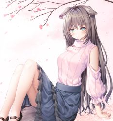 Rule 34 | 1girl, animal ear fluff, animal ears, arm support, bad id, bad pixiv id, black footwear, blue skirt, blush, branch, breasts, brown hair, closed mouth, clothing cutout, feet out of frame, flower, frilled skirt, frills, green eyes, hair between eyes, knees up, long hair, long sleeves, looking at viewer, medium breasts, murano, original, puffy long sleeves, puffy sleeves, red flower, ribbed sweater, shoes, shoulder cutout, sitting, skirt, solo, sweater, turtleneck, turtleneck sweater, very long hair