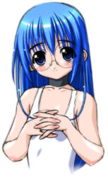 Rule 34 | 1girl, blue eyes, blue hair, blush, collarbone, glasses, light smile, long hair, looking at viewer, magical antique, matching hair/eyes, one-piece swimsuit, own hands together, rian (magical antique), rimless eyewear, simple background, sketch, smile, solo, swimsuit, upper body, white background, white one-piece swimsuit