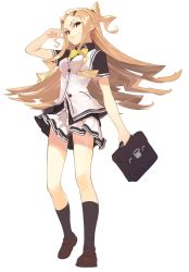 Rule 34 | 1girl, black shirt, blonde hair, briefcase, brown footwear, closed mouth, full body, hair ornament, hairclip, hand up, highres, holding, holding briefcase, loafers, looking at viewer, miniskirt, orange eyes, ryuuou no oshigoto!, sainokami ika, shirabi, shirt, shoes, simple background, skirt, smile, socks, solo, standing, two side up, vest, white background, white skirt, white vest