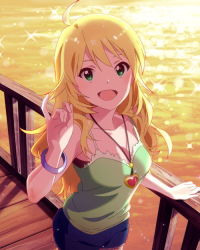 Rule 34 | 10s, 1girl, :d, ahoge, artist request, blonde hair, bracelet, green eyes, heart, heart necklace, hoshii miki, idolmaster, idolmaster (classic), idolmaster million live!, jewelry, jpeg artifacts, long hair, necklace, official art, open mouth, shorts, smile, solo, tank top