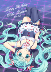 Rule 34 | 10s, 1girl, 2014, blush, boots, character name, dated, garter straps, gloves, happy birthday, hatsune miku, headset, long hair, looking at viewer, lying, on back, smile, solo, thigh boots, thighhighs, upside-down, very long hair, vocaloid, yayoi (egoistic realism)
