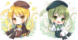 Rule 34 | 2girls, :d, beret, black capelet, black footwear, black legwear, blonde hair, blush, boots, brown eyes, brown footwear, brown shorts, capelet, chibi, closed mouth, collared shirt, commentary, dress shirt, flower, green eyes, green hair, green headwear, green shorts, hair between eyes, hand up, hat, long sleeves, mauve, multiple girls, open mouth, original, puffy long sleeves, puffy sleeves, shirt, short shorts, shorts, smile, snake, suspender shorts, suspenders, symbol-only commentary, thighhighs, thighhighs under boots, white background, white flower, white legwear, white shirt, yellow flower