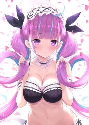 Rule 34 | 1girl, arm garter, bare shoulders, black bra, black ribbon, blunt bangs, blush, bra, braid, breasts, bunching hair, cleavage, closed mouth, collarbone, colored inner hair, crystal shoujo, frilled bra, frills, hair ribbon, hairband, highres, hololive, lolita hairband, long hair, looking at viewer, medium breasts, minato aqua, multicolored hair, nail polish, navel, petals, purple eyes, purple hair, purple nails, ribbon, simple background, smile, solo, stomach, twintails, two-tone hair, underwear, underwear only, upper body, very long hair, virtual youtuber, white background