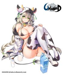 Rule 34 | 1girl, absurdres, animal print, areola slip, areolae, arm support, ass, bare shoulders, bell, bikini, black bikini, black choker, bottle, braid, breasts, choker, cleavage, cleft of venus, cow hood, cow print, cow tail, cowbell, green eyes, highres, jacket, knees up, large breasts, long hair, long sleeves, looking at viewer, maett, micro bikini, milk bottle, milk carton, off shoulder, official art, open clothes, open jacket, partially visible vulva, ribbon, silver hair, simple background, sitting, skindentation, smile, solo, string bikini, swimsuit, tail, tail ornament, tail ribbon, thighhighs, thighs, twin braids, unleashed, very long hair, watermark, white background, white jacket, white legwear