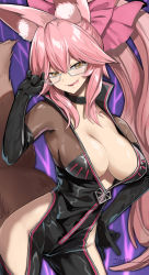 Rule 34 | 1girl, absurdres, animal ear fluff, animal ears, black bodysuit, blush, bodysuit, bow, breasts, center opening, choker, cleavage, fang, fate/grand order, fate (series), fox ears, fox girl, fox tail, glasses, hair between eyes, hair bow, highres, hip vent, koyanskaya (assassin) (first ascension) (fate), koyanskaya (fate), large breasts, long hair, looking at viewer, open mouth, pink bow, pink hair, ponytail, sidelocks, smile, solo, tail, tamamo (fate), thighs, tongue, tongue out, tyone, yellow eyes