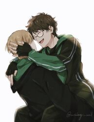 Rule 34 | 2boys, artist name, back, black-framed eyewear, black coat, black gloves, black pants, blonde hair, blush, brown hair, carrying, carrying person, closed eyes, coat, diablejue0108, draco malfoy, fingerless gloves, fingernails, glasses, gloves, green coat, green shirt, hair between eyes, hand on another&#039;s head, hands up, harry potter, harry potter (series), highres, hood, hooded coat, long sleeves, male focus, multiple boys, open mouth, pants, round eyewear, shirt, short hair, short sleeves, simple background, smile, standing, teeth, tongue, two-sided coat, two-sided fabric, white background, wide sleeves, wizarding world, yaoi