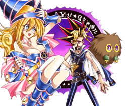 Rule 34 | 1boy, 1girl, atem, bad id, bad pixiv id, bare shoulders, blonde hair, blue eyes, blue footwear, blush, boots, breasts, cape, choker, cleavage, copyright name, dark magician girl, detached sleeves, duel monster, dyed bangs, hat, jewelry, kuriboh, large breasts, long hair, millennium puzzle, monster, multicolored hair, muto yugi, one eye closed, open mouth, pendant, pentacle, school uniform, skirt, smile, staff, wand, wink, wizard hat, yami yugi, yu-gi-oh!, yu-gi-oh! duel monsters