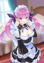 Rule 34 | 1girl, absurdres, ahoge, anchor ornament, anchor symbol, aquarium (visual novel), bed, black bow, black collar, black dress, black sleeves, blue gemstone, blue hair, blue nails, blue ribbon, blunt bangs, blurry, blurry background, blush, bow, braid, breasts, chino0803, cleavage, collar, colored inner hair, detached collar, detached sleeves, dress, drill hair, finger to cheek, french braid, frilled collar, frilled dress, frilled sleeves, frills, gem, hair ribbon, highres, hololive, indoors, large breasts, long hair, looking at viewer, maid, maid headdress, minato aqua, multicolored hair, open mouth, pink gemstone, purple eyes, purple hair, ribbon, sleeveless, sleeveless dress, smile, solo, streaked hair, twin drills, twintails, underbust, upper body, virtual youtuber, window