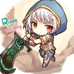 Rule 34 | 1girl, alternate costume, armor, brown eyes, chibi, frown, holding, holding weapon, hood, league of legends, looking to the side, lowres, momoko (momopoco), redeemed riven, riven (league of legends), short hair, solo, weapon, white hair