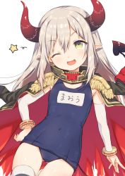Rule 34 | 1girl, black cape, blonde hair, brown eyes, cape, covered navel, demon girl, demon horns, demon tail, emma august, epaulettes, fang, gloves, hands on own hips, highres, horns, long hair, nijisanji, old school swimsuit, one-piece swimsuit, one eye closed, open mouth, otou mamayo, pointy ears, red cape, school swimsuit, simple background, single thighhigh, smile, solo, swimsuit, tail, thighhighs, virtual youtuber, white background, white gloves