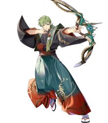 1boy aiming attack black_kimono bow_(weapon) drawing_bow fire_emblem fire_emblem:_the_sacred_stones fire_emblem_heroes gradient_clothes gradient_kimono green_eyes green_hair green_kimono highres holding holding_bow_(weapon) holding_weapon innes_(fire_emblem) innes_(new_year)_(fire_emblem) japanese_clothes kimono medium_hair nintendo non-web_source official_alternate_costume official_art red_kimono sandals solo squinting tabi v-shaped_eyebrows weapon