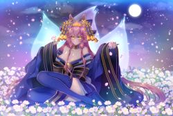 Rule 34 | 1girl, animal ear fluff, animal ears, bell, blue kimono, blue ribbon, blue thighhighs, breasts, cleavage, collarbone, crown, fate/grand order, fate (series), flower, fox ears, fox girl, fox tail, full body, full moon, hair ribbon, highres, japanese clothes, kimono, large breasts, long hair, looking at viewer, merichi (ogaomega), moon, multiple tails, off shoulder, official alternate costume, outdoors, petals, pink hair, ribbon, sitting, solo, tail, tamamo (fate), tamamo no mae (fate/extra), tamamo no mae (third ascension) (fate), thighhighs, very long hair, yellow eyes