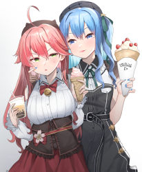 Rule 34 | 2girls, ahoge, bell, black dress, black headwear, blue eyes, blue hair, blue nails, blush, bow, bowtie, bubble tea, cheek pull, collared shirt, colored inner hair, commentary request, copyright name, crepe, detached sleeves, dress, drinking straw, flower, food, green eyes, hair between eyes, hair flower, hair ornament, hat, holding, holding food, hololive, hoshimachi suisei, hoshimachi suisei (streetwear), ice cream, long hair, long sleeves, looking at another, multicolored hair, multiple girls, nail polish, pink flower, pink hair, pinky out, red bow, red bowtie, sakura miko, sakura miko (casual), shirt, shougun (chuckni1), sleeveless, soft serve, star (symbol), sweat, tongue, tongue out, upper body, v-shaped eyebrows, virtual youtuber, white background