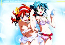 Rule 34 | 1990s (style), 2girls, :d, adjusting hair, allenby beardsley, antenna hair, assisted exposure, belt, bikini, blue eyes, blue hair, blush, bottle, breast hold, breasts, brown hair, character name, choker, cleavage, copyright name, drink, drinking straw, earrings, flower, g gundam, green eyes, gundam, hair between eyes, hair flower, hair ornament, hairband, hibiscus, holding, jewelry, jpeg artifacts, large breasts, leaning forward, lens flare, lipstick, looking at viewer, makeup, multiple girls, navel, neck ring, nishida asako, open mouth, outstretched arm, pendant, rain mikamura, red hair, retro artstyle, sarong, see-through, see-through sarong, short hair, side-tie bikini bottom, small breasts, smile, striped bikini, striped clothes, swimsuit, thigh gap, undressing, untied, white bikini