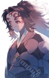 Rule 34 | 1boy, black hair, closed mouth, colored sclera, commentary request, extra eyes, facial mark, high ponytail, highres, japanese clothes, katana, kimetsu no yaiba, kimono, kokushibou, long hair, long sleeves, looking at viewer, male focus, multicolored hair, ponytail, red hair, shirukokko, simple background, solo, sword, text in eyes, translation request, weapon, white background, yellow eyes, yukata