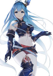 Rule 34 | 1girl, alternate hair length, alternate hairstyle, antenna hair, armored boots, belt, black belt, black footwear, black gloves, blue eyes, blue hair, boots, breasts, breasts apart, cleavage cutout, closed mouth, clothing cutout, crop top, djeeta (granblue fantasy), elbow gloves, floating hair, gloves, granblue fantasy, grey belt, hair between eyes, headgear, long hair, looking at viewer, mari (doraerin0), medium breasts, midriff, navel, red shorts, short shorts, shorts, simple background, sleeveless, solo, standing, stomach, thigh boots, thighhighs, very long hair, white background