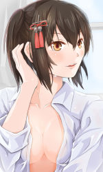 Rule 34 | 10s, 1girl, adjusting hair, breasts, brown eyes, brown hair, cleavage, collarbone, collared shirt, hair ornament, hand in own hair, highres, kantai collection, looking to the side, no bra, open clothes, open shirt, parted lips, school uniform, sendai (kancolle), serafuku, shirt, short hair, small breasts, smile, solo, two side up, upper body, yakku