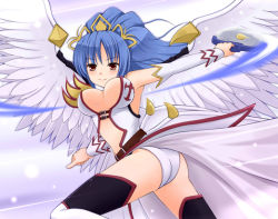 Rule 34 | 10s, angel feather, blue hair, breasts, cardfight!! vanguard, circular saw kiriel, cleavage, detached sleeves, hair ornament, headdress, looking at viewer, lowres, thighhighs
