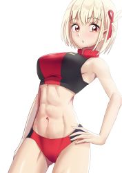 Rule 34 | 1girl, :o, abs, bikini, blonde hair, breasts, hair ribbon, hand on own hip, highres, looking to the side, lycoris recoil, medium breasts, muscular, muscular female, nepenthes 246, nishikigi chisato, red eyes, ribbon, short hair, solo, sports bikini, sports bra, sportswear, standing, swimsuit, toned, two-tone bikini, two-tone sports bra, white background