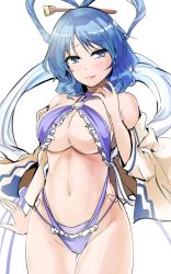 Rule 34 | 1girl, blue eyes, blue hair, blue one-piece swimsuit, breasts, closed mouth, cowboy shot, hair ornament, hair rings, hair stick, hand up, highres, kaku seiga, large breasts, lips, looking at viewer, navel, o-ring, one-piece swimsuit, shawl, simple background, sketch, slingshot swimsuit, smile, solo, stomach, swimsuit, thigh gap, thighs, touhou, underboob, wavy hair, white background, y2