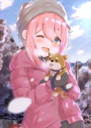Rule 34 | 1girl, :d, absurdres, animal, beanie, blue eyes, blurry, blurry foreground, blush, breath, cherry blossoms, collar, day, depth of field, dog, file112056, gloves, hat, highres, holding, holding animal, huge filesize, jacket, kagamihara nadeshiko, one eye closed, open mouth, outdoors, pink hair, puppy, sky, smile, tongue, tongue out, winter clothes, yurucamp