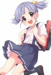 Rule 34 | &gt;:d, 1girl, :d, backpack, bag, black eyes, black socks, blue hair, blue skirt, blunt bangs, blush, brown footwear, collared shirt, highres, jumping, kantai collection, looking at viewer, ooshio (kancolle), open mouth, pleated skirt, randoseru, sekina, shirt, shoes, short hair, short sleeves, simple background, skirt, smile, socks, solo, suspender skirt, suspenders, twintails, v-shaped eyebrows, white background, white shirt