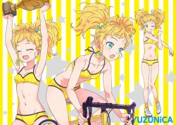 Rule 34 | 1girl, ;q, aikatsu! (series), aikatsu stars!, aqua eyes, armpits, arms up, bicycle, bikini, blonde hair, braid, breasts, closed eyes, closed mouth, commentary request, gluteal fold, groin, hair bobbles, hair ornament, highres, holding, katou akatsuki, looking at another, medium hair, navel, nikaido yuzu, one eye closed, open mouth, riding, riding bicycle, side braid, small breasts, smile, solo, standing, star (symbol), starry background, stretching, striped, striped background, swimsuit, tongue, tongue out, trophy, twintails, vertical stripes, yellow background, yellow bikini