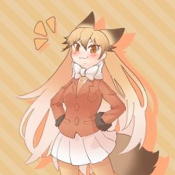 Rule 34 | 1girl, :3, animal ears, blush, bow, bowtie, brown fur, brown hair, commentary request, cowboy shot, extra ears, ezo red fox (kemono friends), fox ears, fox girl, fox tail, foxy-wind, fur trim, hair between eyes, hands on own hips, highres, jacket, kemono friends, long hair, long sleeves, looking at viewer, multicolored hair, necktie, orange eyes, orange hair, orange jacket, orange necktie, orange pantyhose, pantyhose, pleated skirt, skirt, smug, solo, tail, white bow, white bowtie, white skirt