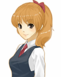 Rule 34 | 1girl, blonde hair, bow, brown eyes, hair bow, long hair, looking at viewer, mega30000, necktie, nitta yuka, ponytail, red bow, red necktie, school uniform, shirt, simple background, smile, solo, touch (manga), upper body, white background, white shirt