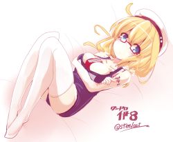 Rule 34 | 10s, 1girl, ahoge, blonde hair, blue eyes, breasts, commentary request, glasses, hat, i-8 (kancolle), kantai collection, long hair, looking at viewer, low twintails, maszom, nijou katame, school swimsuit, short hair, solo, submarine, swimsuit, thighhighs, twintails, watercraft, white thighhighs