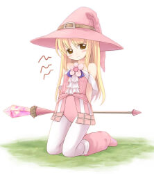 Rule 34 | 1girl, arms behind back, ascot, belt, blonde hair, blush, boots, brown belt, closed mouth, commentary request, dress, emurin, fantasy earth zero, flat chest, flower, flower brooch, full body, furrowed brow, hat, hat belt, holding, holding staff, kneeling, leotard, leotard under clothes, long hair, looking at viewer, pantyhose, pink dress, pink flower, pink footwear, pink hat, pink leotard, solo, staff, strapless, strapless dress, strapless leotard, white ascot, white pantyhose, witch hat, yellow eyes