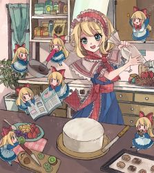 Rule 34 | 6+girls, :d, alice margatroid, blonde hair, blue dress, blue eyes, book, bow, bowtie, cake, capelet, cooking, curtains, doll, dress, eating, food, frilled hairband, frills, hair bow, hairband, highres, indoors, knife, lolita hairband, long hair, mo 25 mo, multiple girls, open mouth, red bow, red bowtie, red hairband, shanghai doll, short hair, smile, touhou, utensil, white capelet