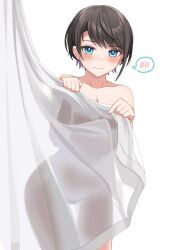 Rule 34 | 1girl, aqua eyes, bare shoulders, blush, breasts, brown hair, cleavage, completely nude, curtains, highres, hololive, looking at viewer, medium breasts, nude, oozora subaru, short hair, simple background, solo, spoken blush, tihirowo, virtual youtuber, white background