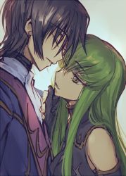 Rule 34 | 1boy, 1girl, :d, artist name, ascot, bare shoulders, black dress, black gloves, black hair, blue background, c.c., code geass, creayus, detached sleeves, dress, eyebrows, closed eyes, gloves, green hair, hand on another&#039;s chin, height difference, lelouch vi britannia, long hair, looking up, open mouth, parted lips, simple background, sleeveless, sleeveless dress, smile, tsurime, uniform, upper body, yellow eyes