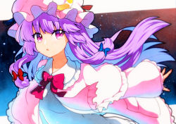 Rule 34 | 1girl, blunt bangs, bow, bowtie, bun cover, crescent, crescent hat ornament, double bun, dress, hair bun, hat, hat ornament, highres, long hair, long sleeves, mob cap, neck ribbon, patchouli knowledge, purple dress, purple eyes, purple hair, purple hat, qqqrinkappp, red bow, red bowtie, red ribbon, ribbon, solo, touhou, traditional media, very long hair, wide sleeves