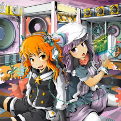 Rule 34 | 2girls, alternate costume, back-to-back, blonde hair, book, bow, braid, chestnut mouth, coba (bushclover), dress, hair bow, hat, head tilt, headphones, holographic touchscreen, hood, hoodie, indoors, kirisame marisa, long hair, long sleeves, looking at viewer, looking back, multiple girls, no headwear, open book, open mouth, pantyhose, patchouli knowledge, purple eyes, purple hair, short hair, short sleeves, shorts, sidelocks, single braid, sitting, speaker, striped clothes, striped dress, thighhighs, touhou, wariza, yellow eyes