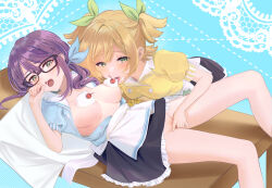 Rule 34 | 2girls, apron, bell, black-framed eyewear, black skirt, blonde hair, blue background, blue ribbon, blue shirt, blush, breasts, breasts apart, buttons, cherry, clothed sex, clothes lift, commentary request, cream on body, cream on breasts, daiba nana, double-breasted, fingering, fingernails, food, food on face, frilled skirt, frills, fruit, glasses, green eyes, green ribbon, groin, hair ribbon, halftone, halftone background, hand to own mouth, hand up, highres, hoshimi junna, jingle bell, lace background, leaning forward, licking, licking breast, long hair, looking at viewer, low ponytail, lying, medium breasts, miniskirt, multiple girls, no bra, no panties, official alternate costume, official alternate hairstyle, on back, on table, open clothes, open mouth, open shirt, parted lips, puffy short sleeves, puffy sleeves, purple hair, pussy, ribbon, saliva, shirt, short hair, short sleeves, short twintails, shoujo kageki revue starlight, shroomia, side ponytail, skirt, skirt lift, standing, table, tongue, tongue out, twintails, vaginal, waist apron, waitress, whipped cream, white apron, yellow shirt, yuri