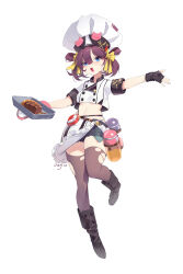 Rule 34 | 1girl, absurdres, apron, arms up, asymmetrical gloves, belt, black footwear, black gloves, blue eyes, blue shorts, blush, boots, bow, breasts, buttons, chef, chef hat, crop top, earrings, english text, fang, female focus, fingerless gloves, food, frilled apron, frills, full body, gauge, gloves, hair between eyes, hair bow, hair ribbon, hair rings, happy, hat, highres, holding, holding tray, jewelry, knees together feet apart, leg up, light blush, looking at viewer, meat, midriff, mismatched gloves, nana ann, navel, open mouth, original, outstretched arms, oven mitts, pink gloves, purple hair, purple thighhighs, ribbon, shirt, short hair, short shorts, short sleeves, shorts, sidelocks, simple background, skin fang, skindentation, small breasts, smile, solo, standing, standing on one leg, stomach, thighhighs, thighs, torn clothes, torn thighhighs, tray, twintails, underboob, waist apron, white apron, white background, white hat, white shirt, yellow bow, yellow ribbon